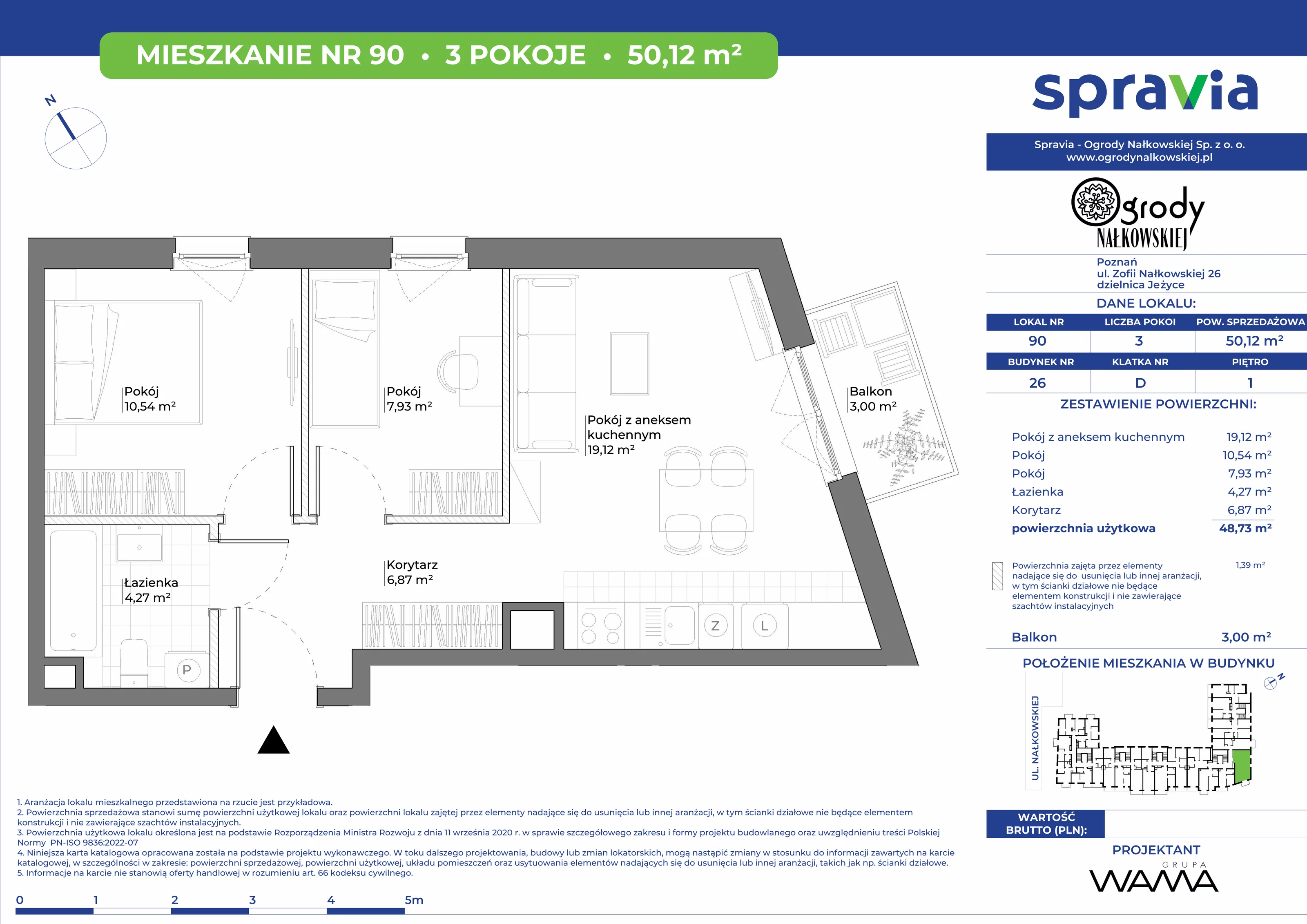 3 pokoje, mieszkanie 50,12 m², piętro 1, oferta nr 26-90, Ogrody Nałkowskiej, Poznań, Ogrody, ul. Nałkowskiej 24, 26